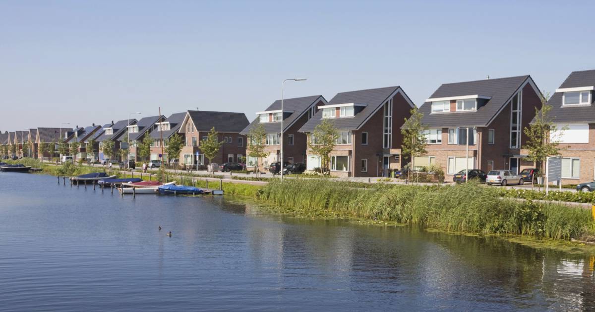 Rij huizen met riet en boompje ervoor