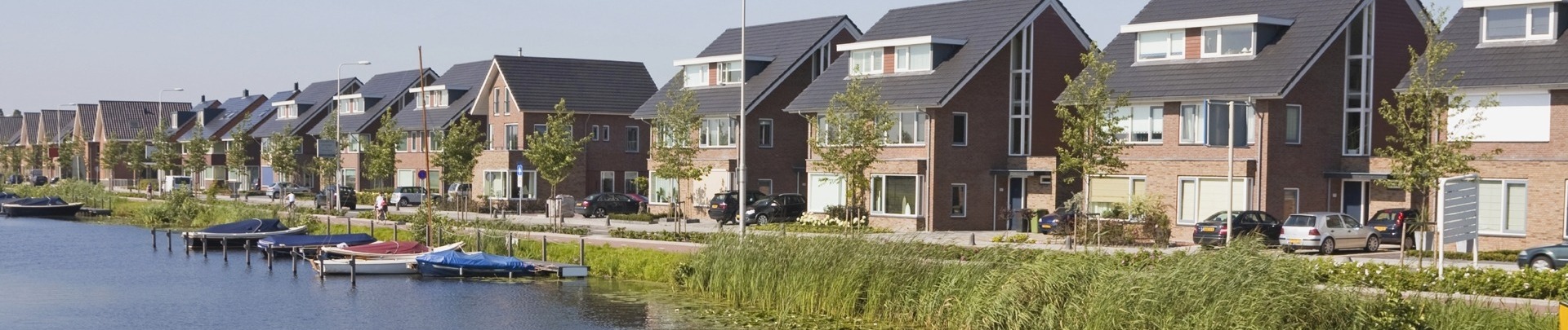 Rij huizen met riet en boompje ervoor